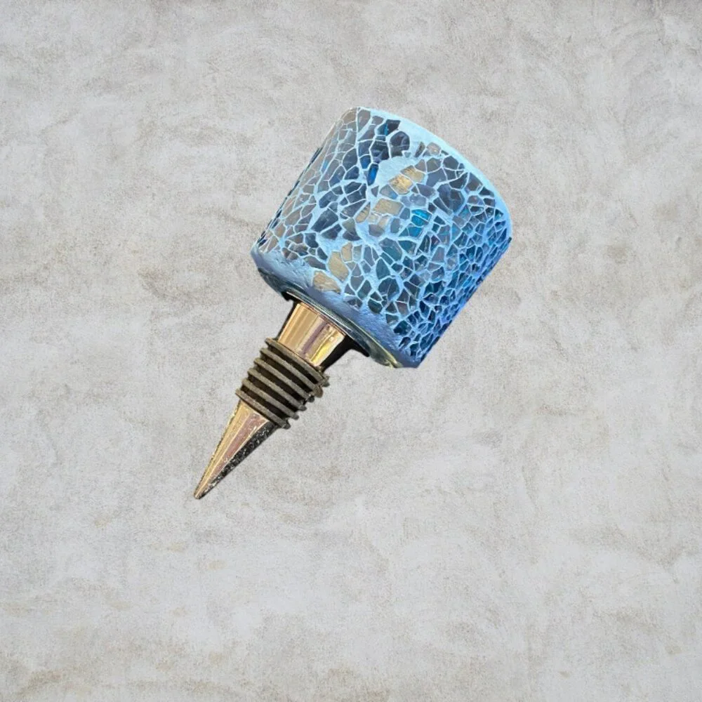 WINE STOPPER -- Unique Tea Light Holder, Blue Mosaic Glass, Fits Standard Bottle